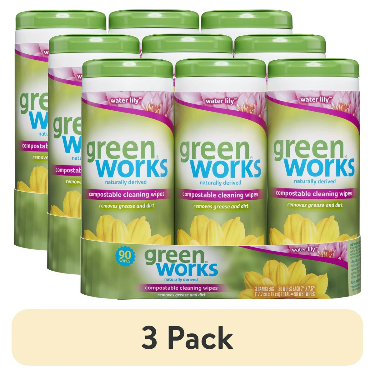 (3 pack) Green Works Compostable Cleaning Wipes, Biodegradable Cleaning Wipes - Water Lily, 30 ct
